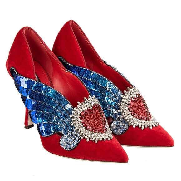 Dolce & Gabbana - Velvet Sacred Heart Wings Embroidered Pumps LORI Red EUR 35,5 - Picture 1 of 5